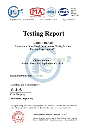 Fume Hood ASHRAE Testing Report
